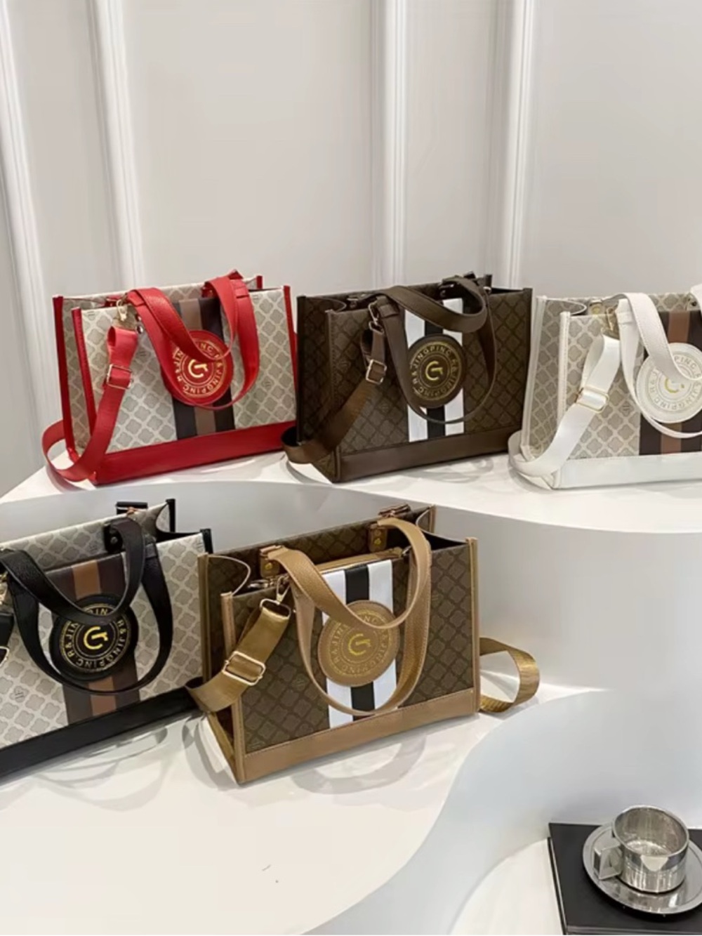 Monogram Stripe Tote Bag G Logo Medallion Top Handle Crossbody Shoulder Bag NIP - Picture 7 of 8